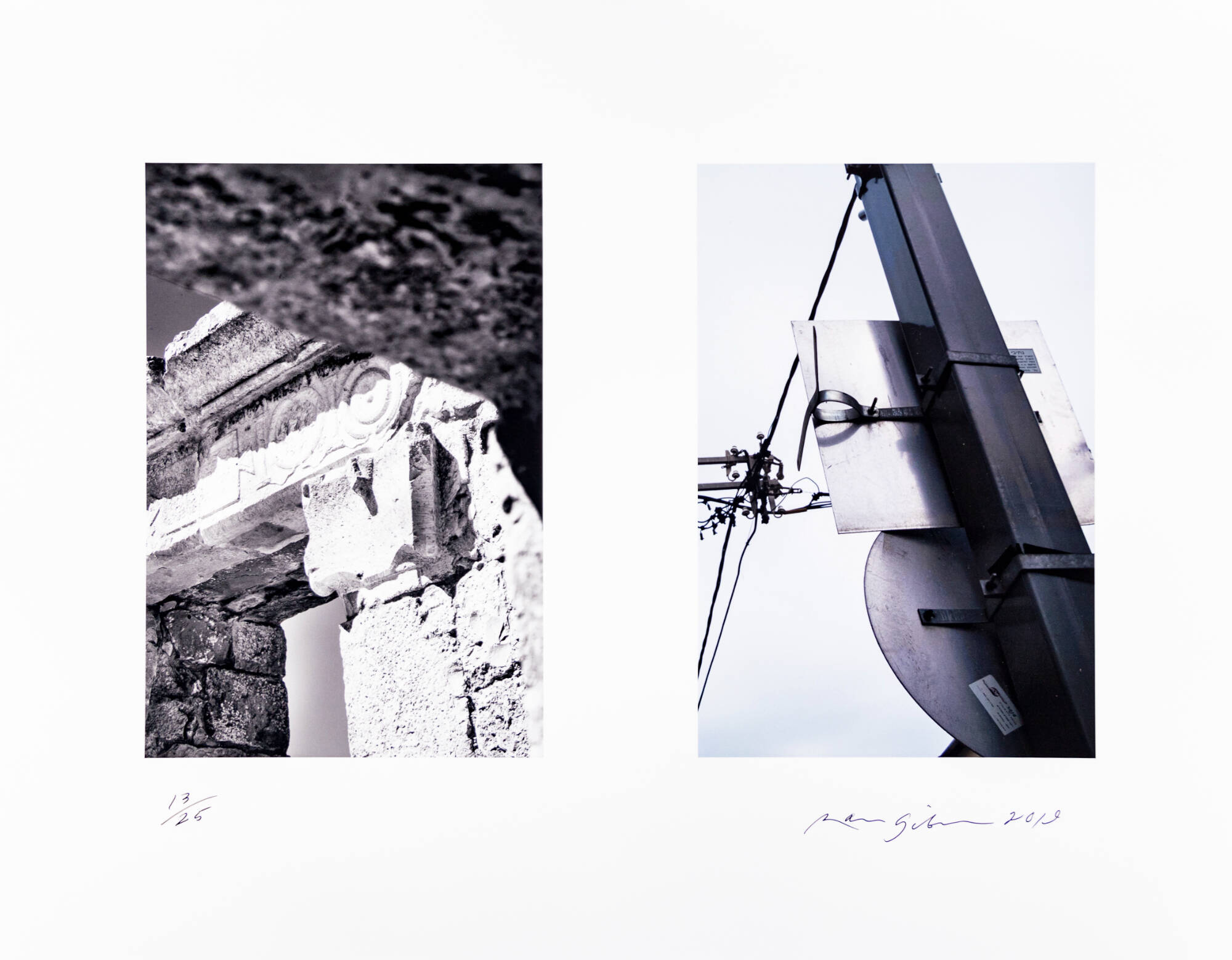 Two photos, the photo on the left is of the corner of a stone building. The building seems to be ornately carved. The photo on the right is of a street or telephone post.